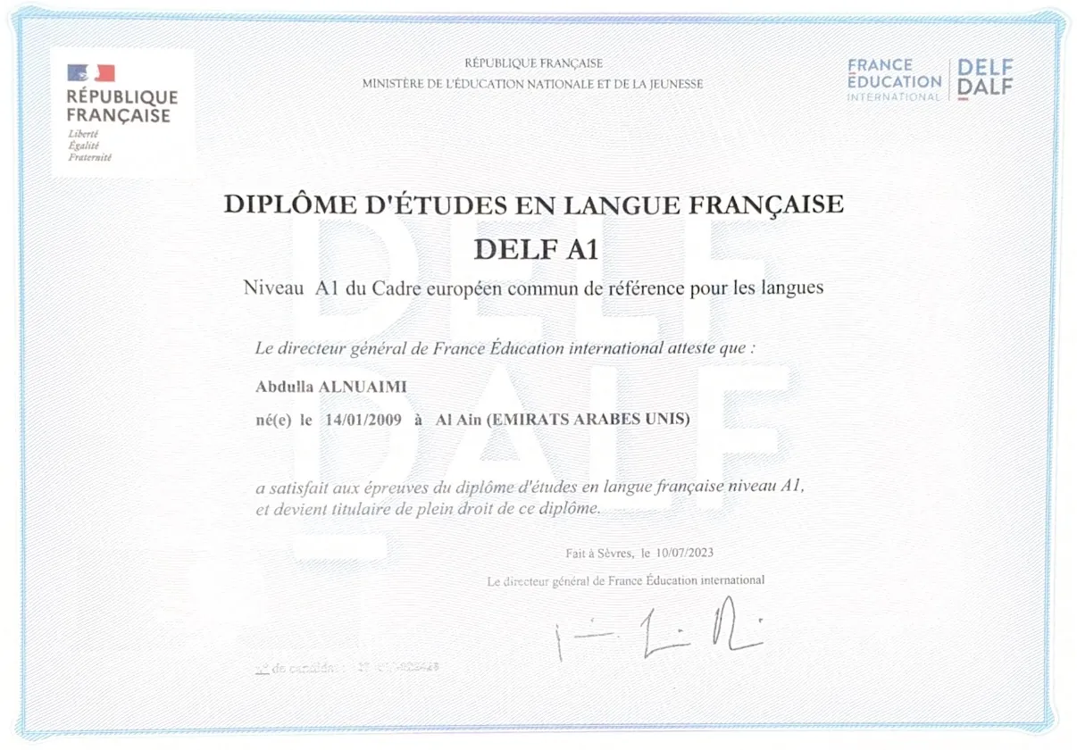 DELF A1 French language diploma