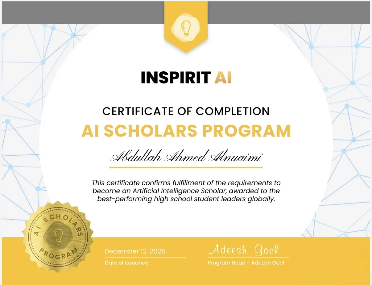 Inspirit AI Scholars Program certificate of completion